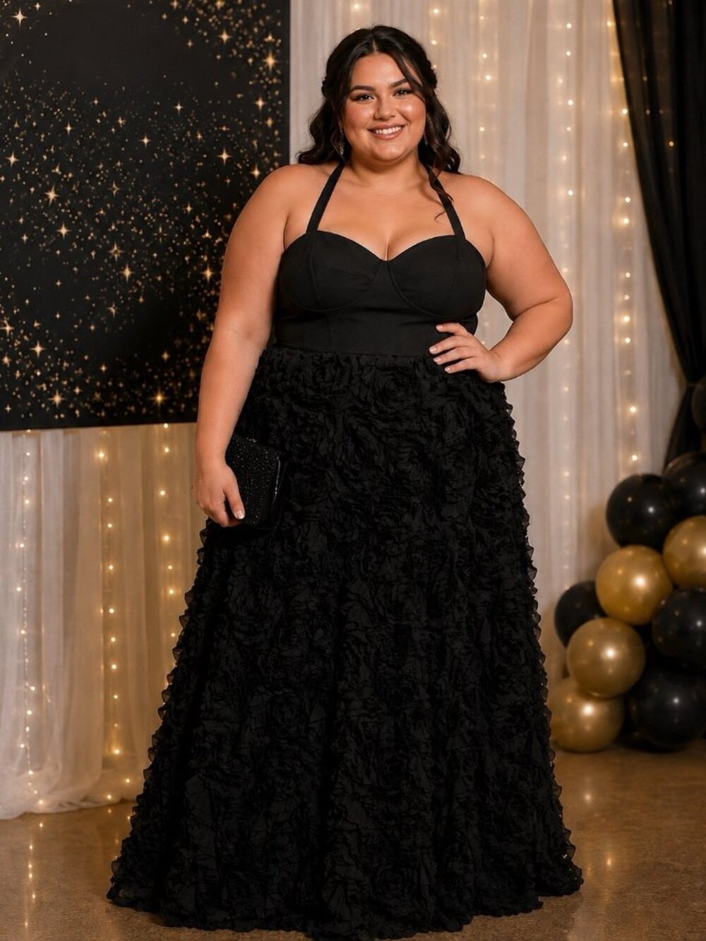 Aidan Mattox Black Rosette Gown 22W Padded Bra Corset Style Bodice Prom Evening